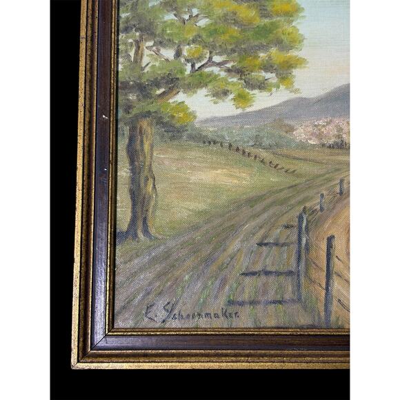 Mid‑century Rural Farmhouse Country Landscape Framed Painting by E. Schoonmaker - Picture 9 of 11
